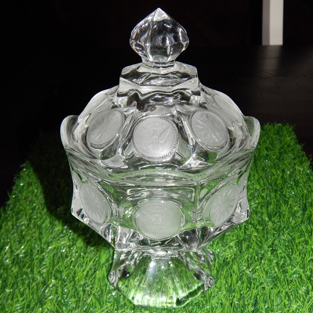 Vintage Fostoria 1887 Coin Dot Glass Crystal Pedestal Compote Candy Dish Lid